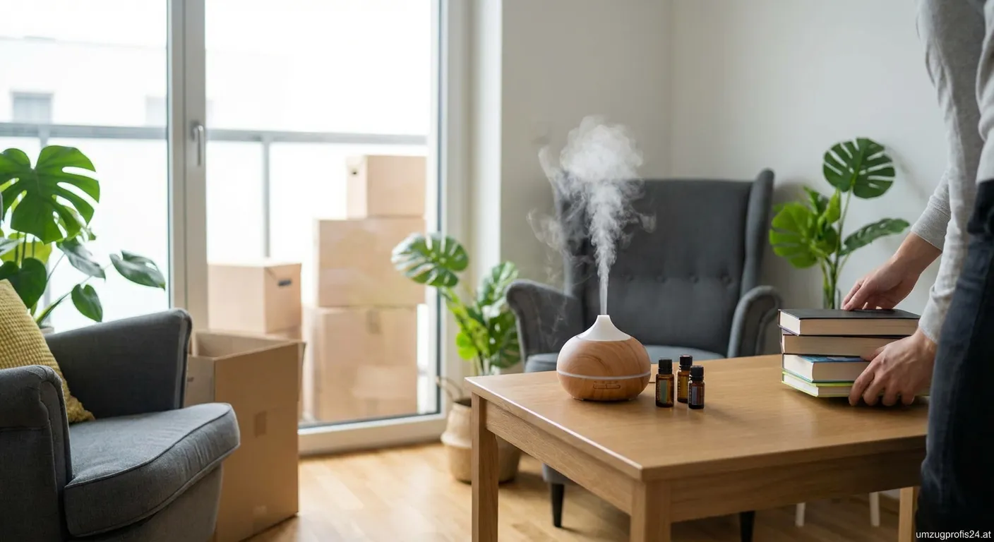 Aromatherapie Diffuser und Umzugskartons in einer hellen Wohnung in Villach