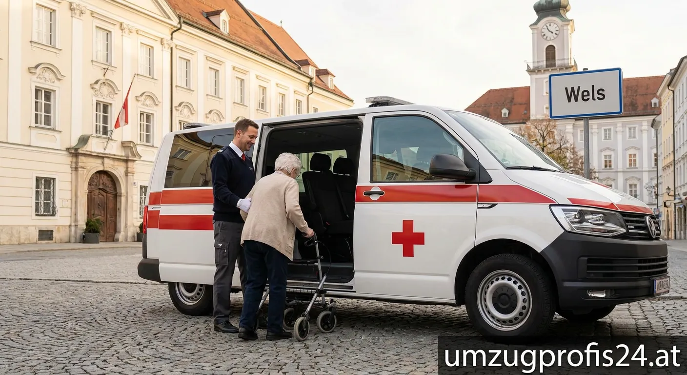 Fahrtendienst Fahrzeug vor einer Arztpraxis in Wels