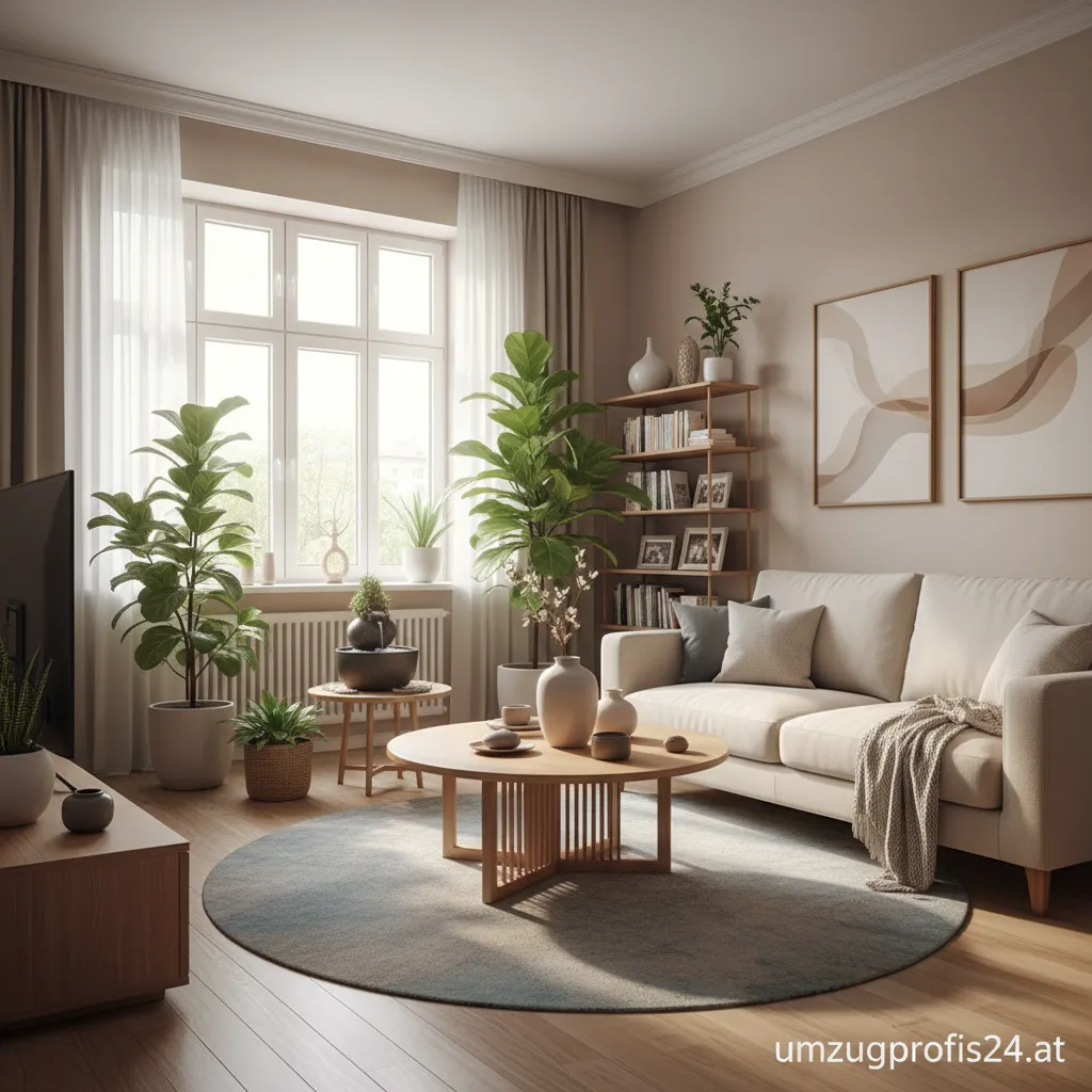 Helles Wohnzimmer mit Pflanzen und harmonischer Einrichtung nach Feng Shui