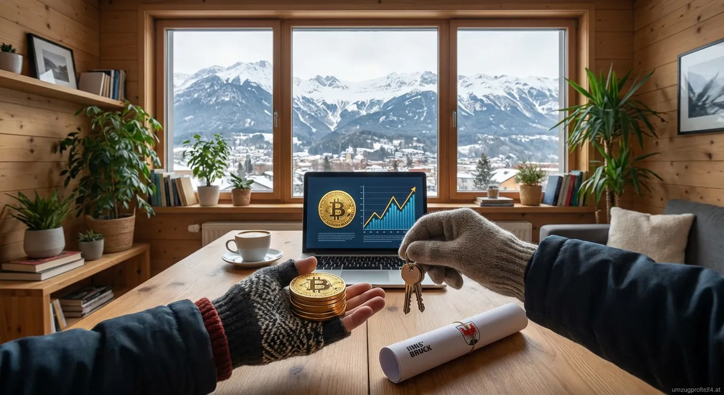 Bitcoin Münzen auf einem Hausmodell als Symbol für Kryptowährung Kaution Innsbruck