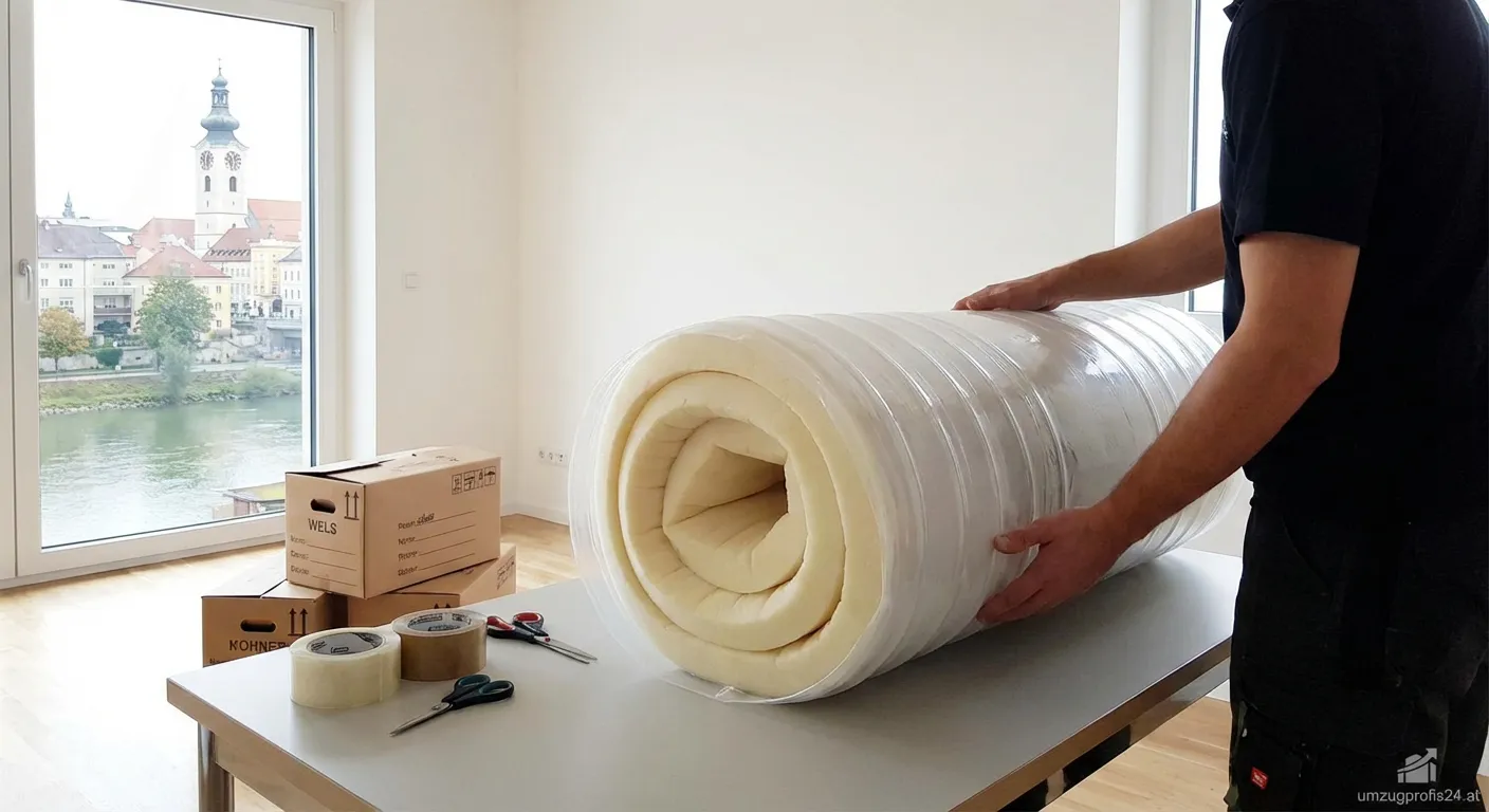 Eine Person verpackt eine Matratze in eine Schutzhülle für den Umzug in Wels