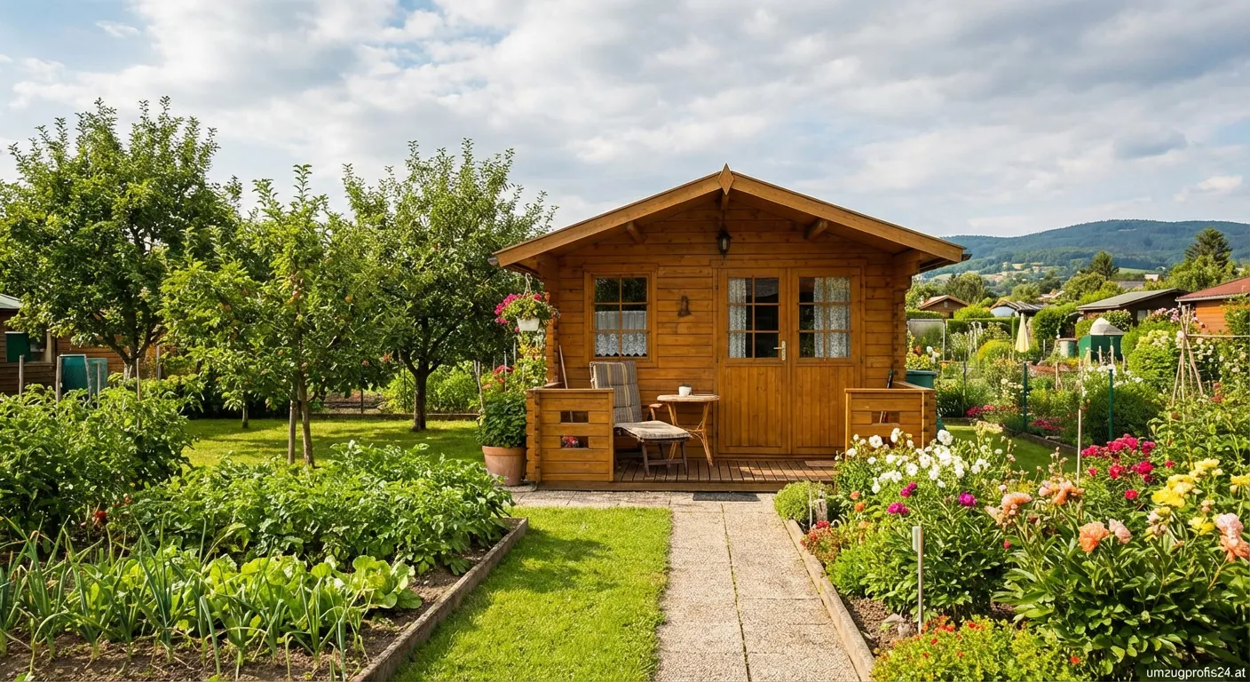 Gemütliche Schrebergarten Hütte in Wels mit grünem Garten