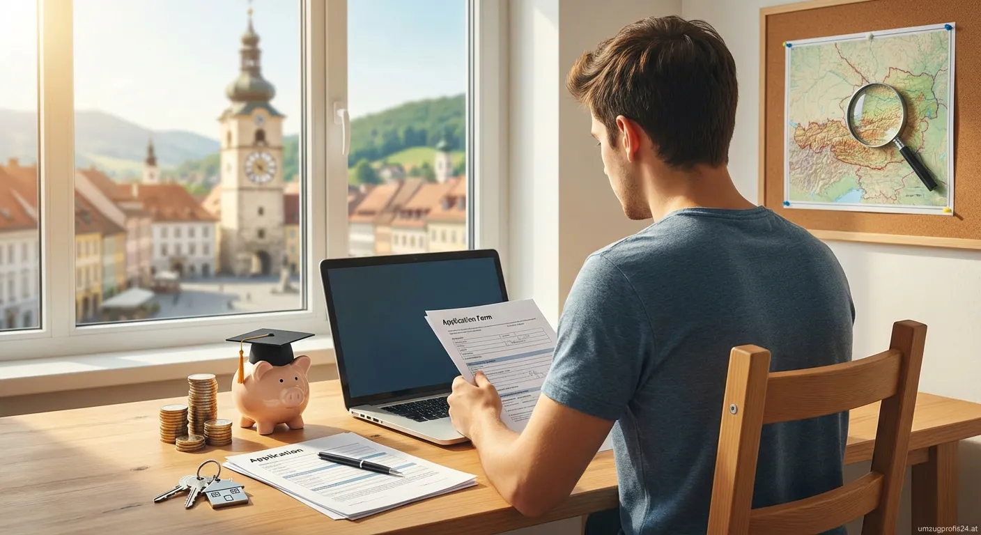 Studentin füllt Studienbeihilfe-Antrag für Wohnort Wels aus
