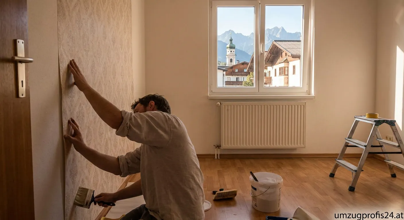 Person tapetiert Wand in Innsbrucker Wohnung