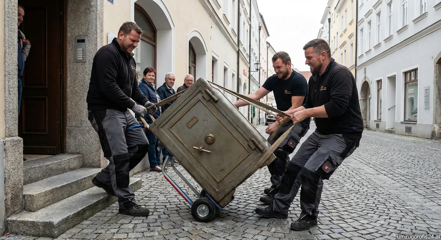 Schwerer Tresor wird mit Treppensteiger in Wels transportiert
