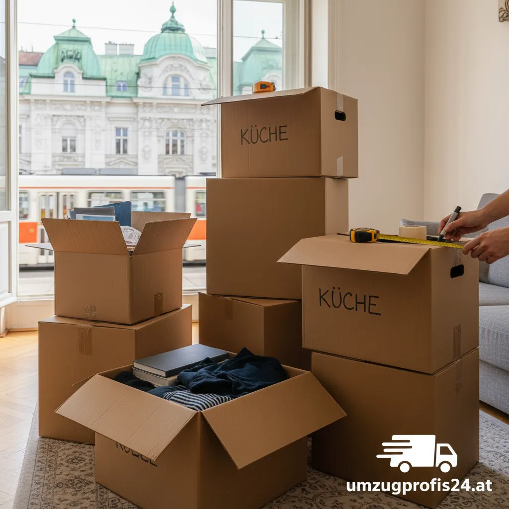 Ein Stapel hochwertiger Umzugskartons in einer Wiener Wohnung.