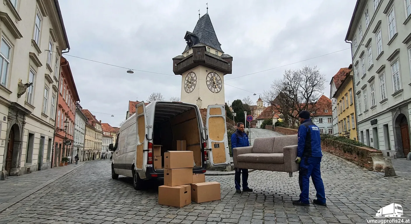 Umzugshelfer tragen Möbel an einem Wochenende in Graz